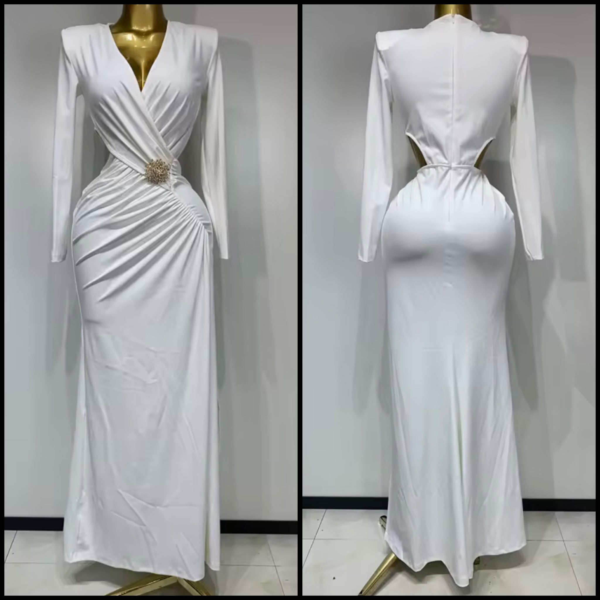 Women White Cut Out Ruched Full Sleeve Bling Pin Maxi Dress
