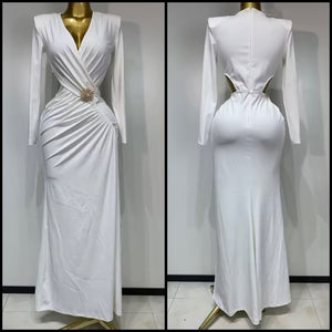 Women White Cut Out Ruched Full Sleeve Bling Pin Maxi Dress
