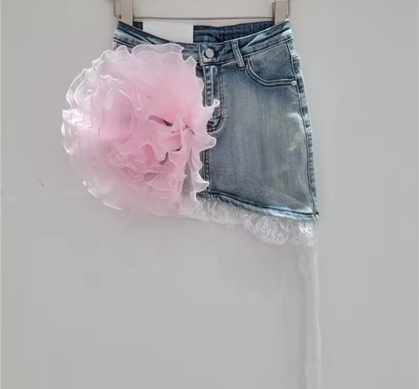 Women Fashion 3D Floral Lace Patchwork Denim Skirt