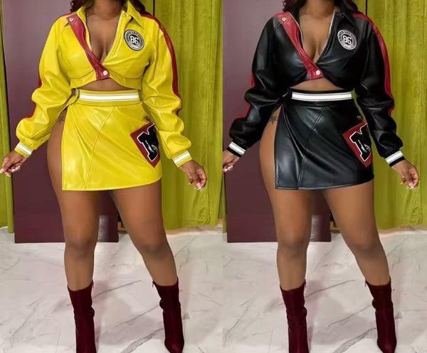 Women Color Patchwork Printed Faux Leather Two Piece Skirt Set