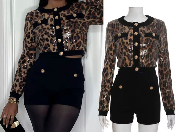 Women Sequins Leopard Print Button Up Two Piece Short Set