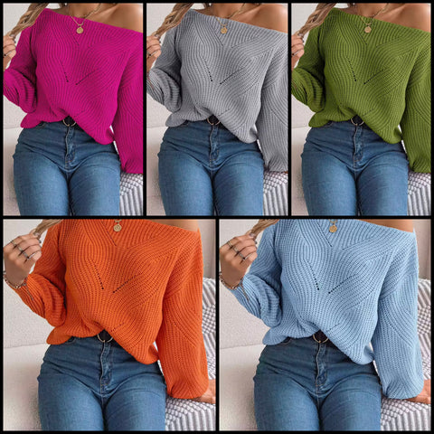 Women Color Off The Shoulder Full Sleeve Oversized Sweater Top