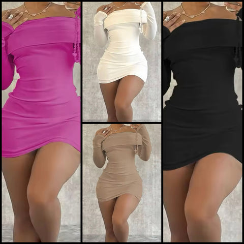 Women Sexy Solid Color Off The Shoulder Full Sleeve Dress