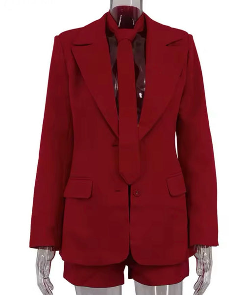 Women Red Fashion Tie Blazer Two Piece Short Set