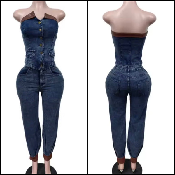 Women Button Up Strapless Brown PU Patchwork Denim Two Piece Pant Set