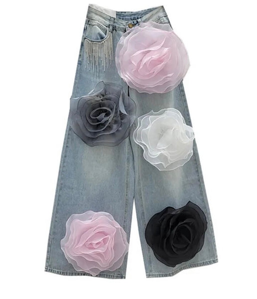 Women Fashion Rhinestone Tassel Colorful Floral Denim Pants