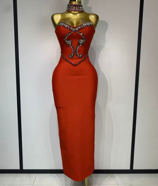 Women Sexy Choker Strapless Gray Rhinestone Maxi Dress