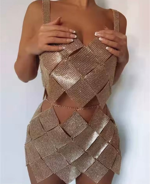 Women Sexy Halter Sleeveless Open Back Bling Two Piece Skirt Set