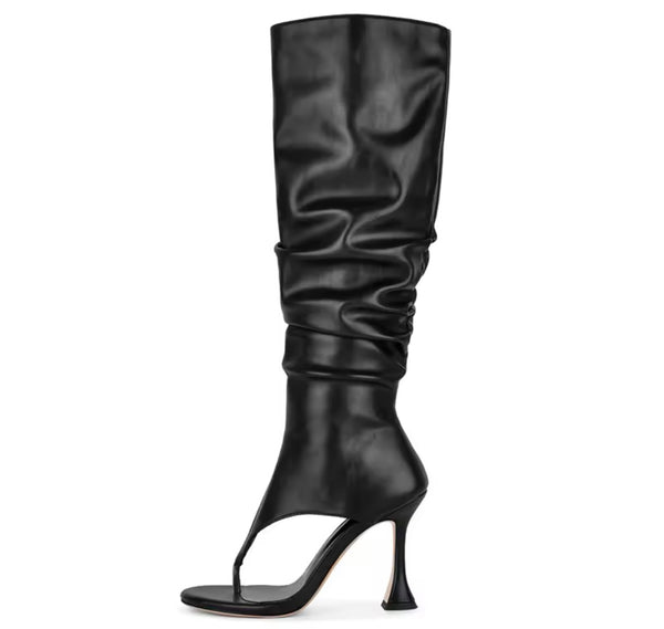 Women Fashion Open Toe Ruched High Heel Knee High Boots