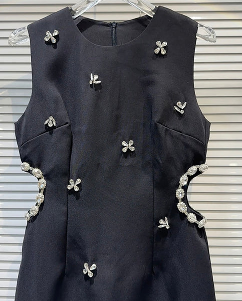 Women Sexy Sleeveless Black Bling Crystal Cut Out Dress