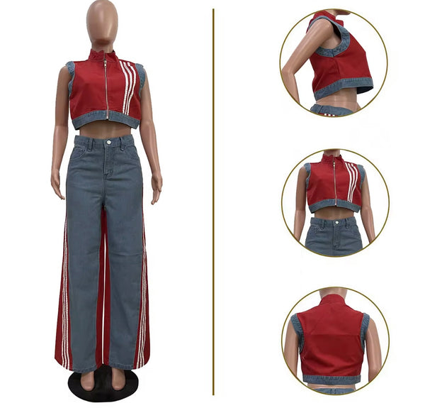 Women Zip Up Sleeveless Striped Color Denim Patchwork Two Piece Pant Set