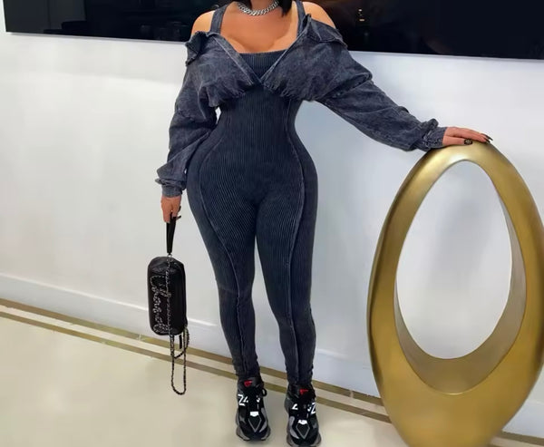 Women Fashion Ribbed Full Sleeve Jumpsuit