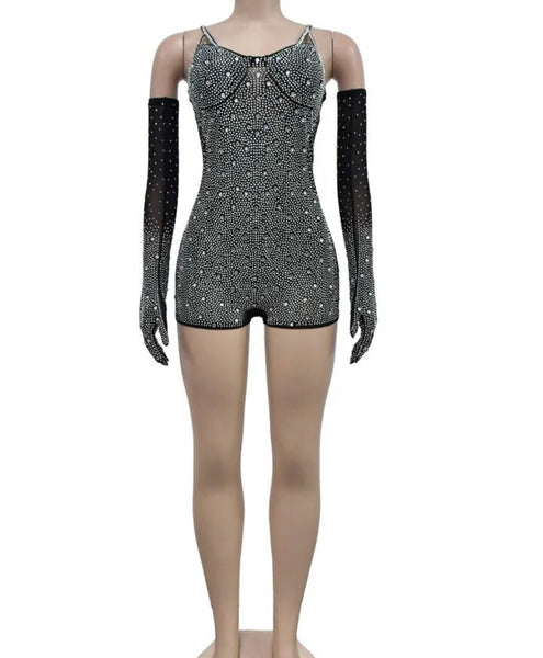 Women Sexy Sleeveless Glove Bling Mesh Romper