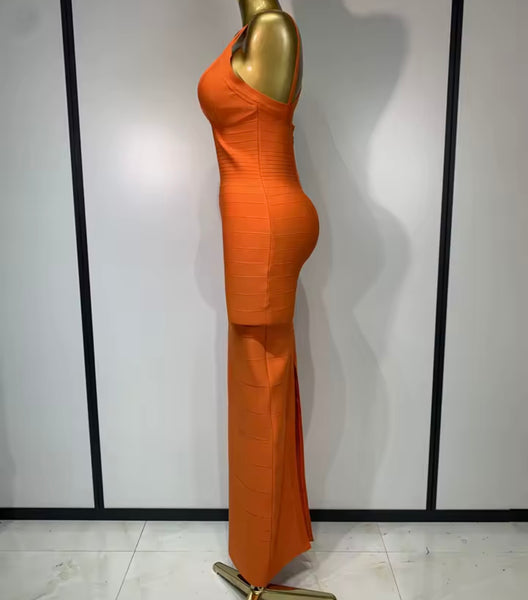 Women Sexy Sleeveless Orange Bandage Maxi Dress