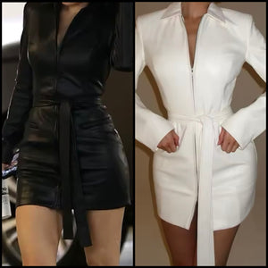 Women Sexy Front Zipper Full Sleeve Faux Leather Dress