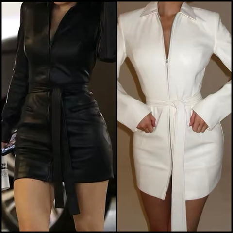 Women Sexy Front Zipper Full Sleeve Faux Leather Dress