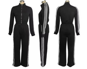 Women Striped Zip Up Fashion Two Piece Tracksuit Pant Set