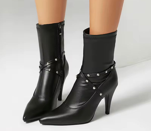 Women Color Pointed Toe Criss-Cross Rivet High Heel Ankle Boots