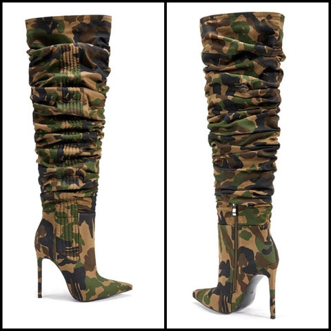 Women Camouflage Fashion Ruched High Heel Knee High Boots