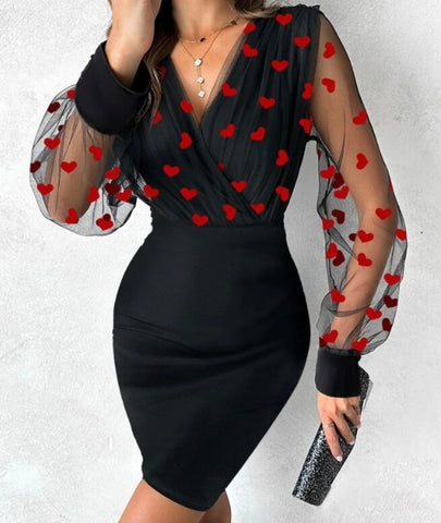 Women Sexy Black Heart Print Mesh Full Sleeve Dress