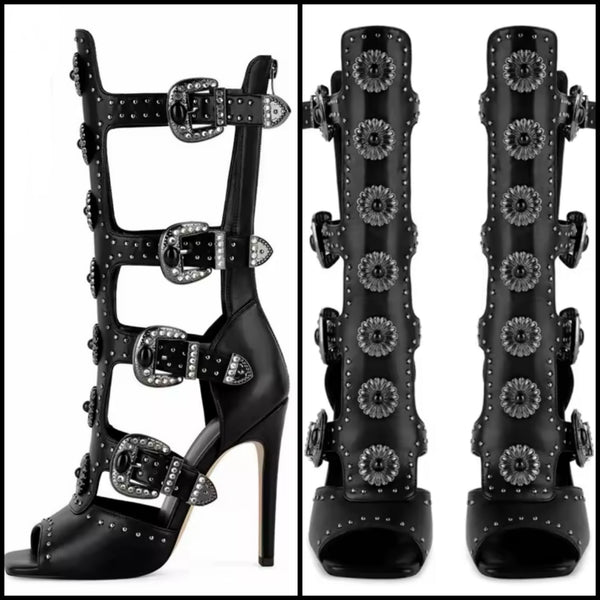Women Black Rivet Buckled High Heel Knee Length Sandals