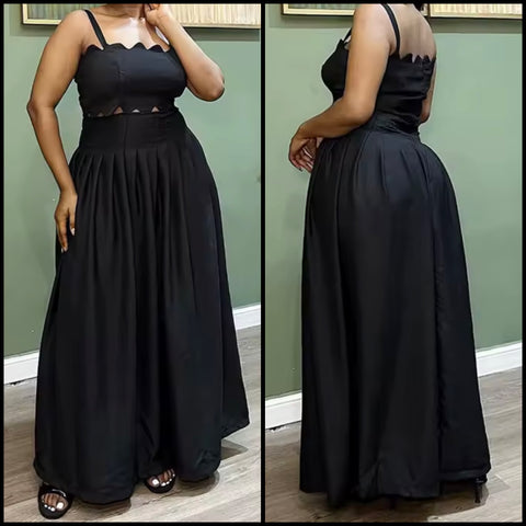 Women Black Sexy Sleeveless Crop Two Piece Maxi Skirt Set