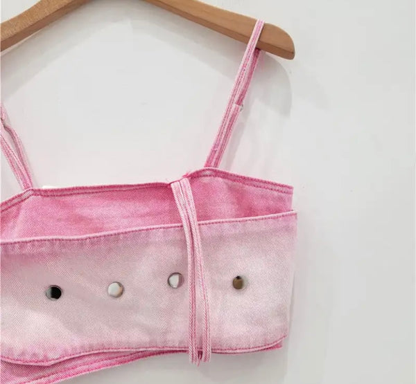 Women Sleeveless Pink Gradient Buckled Denim Crop Top
