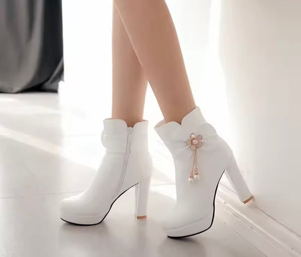 Women Fashion Bling Bow Pearl Tassel High Heel Ankle Boots