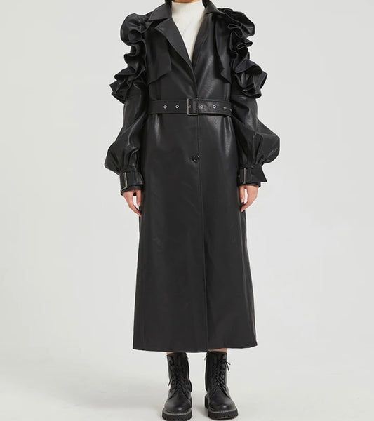 Women Color Ruffled Fashion Faux Leather Trench Jacket
