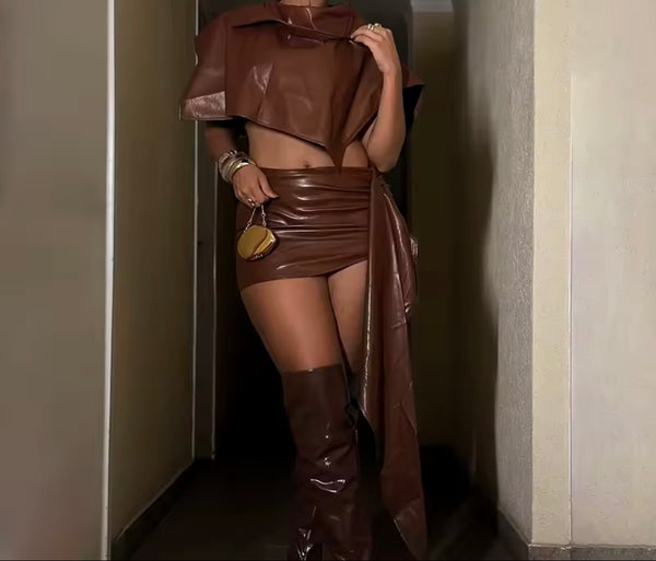 Women Faux Leather Irregular Crop Two Piece Skirt Set