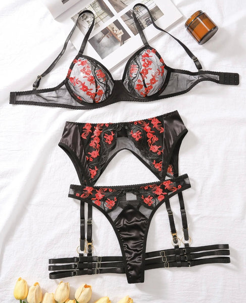 Women Sexy Color Patchwork Mesh Thong Lingerie Set