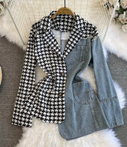 Women Fashion Houndstooth Denim Patchwork Blazer Top