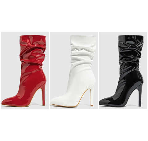 Women Fashion Patent Leather Ruched Ankle Boots