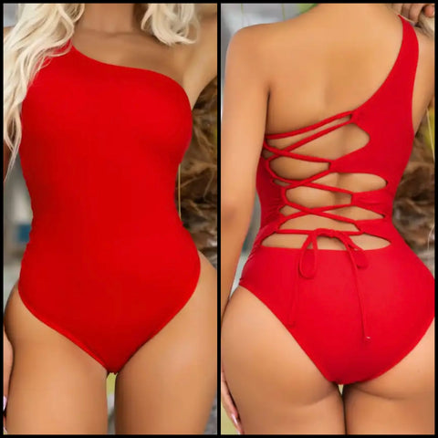 Women Sexy Red One Shoulder Lace Up Open Back Swimsuit