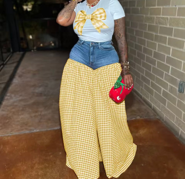 Women Fashion Bow Short Sleeve Two Piece Denim Plaid Pant Set