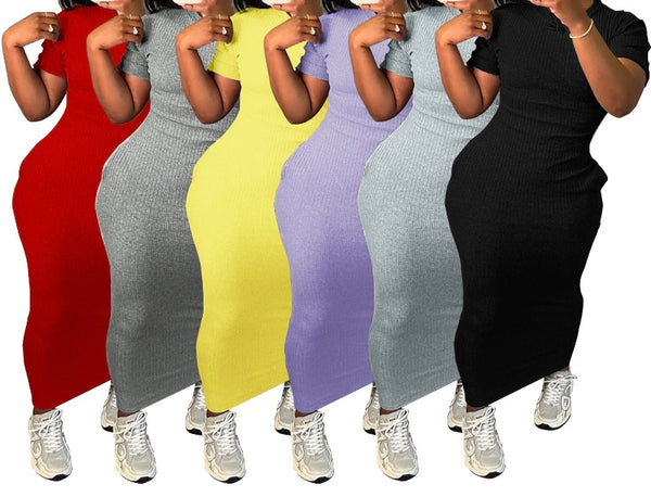 Women Solid Color Short Sleeve Ribbed Sexy Maxi Dress