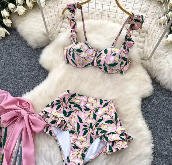 Women Pink Floral Bikini Cover Up Set