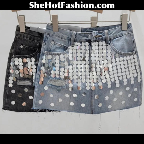 Women Fashion Silver Sequins Patchwork Denim Skirt