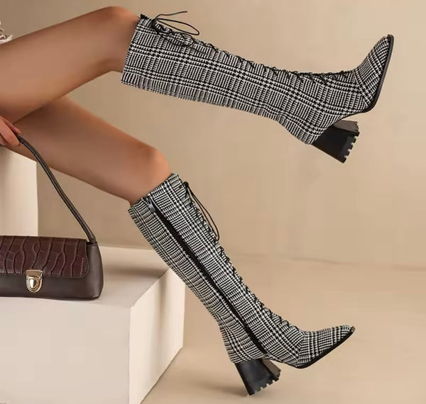 Women Fashion Pointed Toe Lace Up Knee High Boots