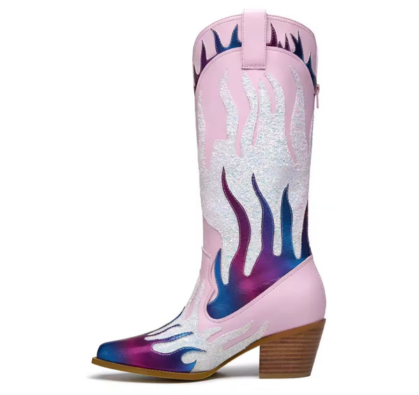 Women Fashion Pink Colorful Print Knee High Western Boots