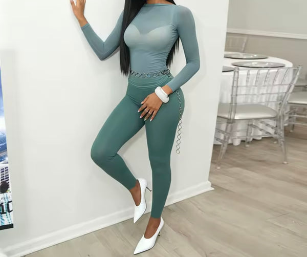 Women Mesh Full Sleeve Two Piece Sexy Pant Set