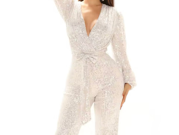Women Sexy Sequins V-Neck Full Sleeve Tie Up Jumpsuit