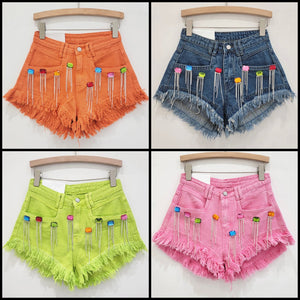 Women Ripped Color Crystal Tassel Fashion Denim Shorts