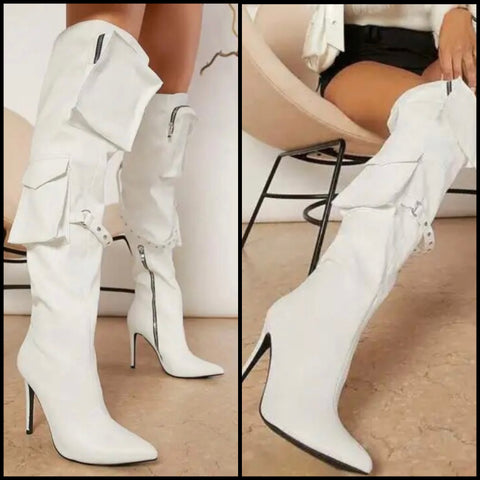 Women Fashion White Pocket Buckled Knee High Boots