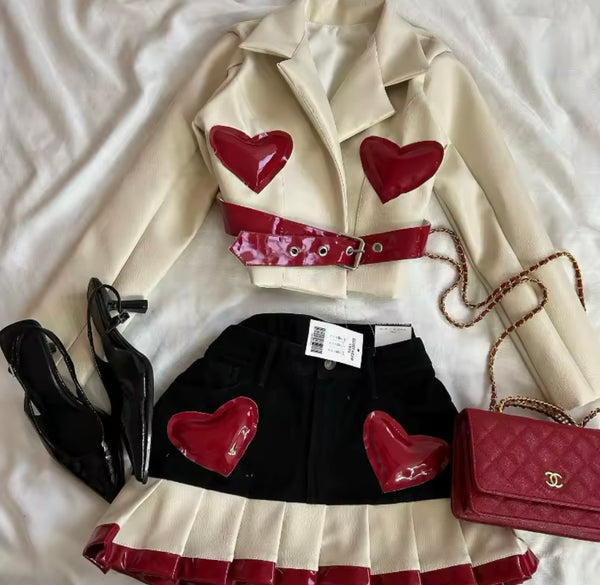 Women Fashion PU Heart Buckled Jacket Two Piece Denim Skirt Set
