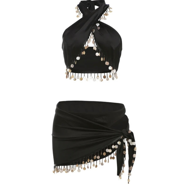 Women Sexy Black Tassel Halter Sleeveless Two Piece Skirt Set