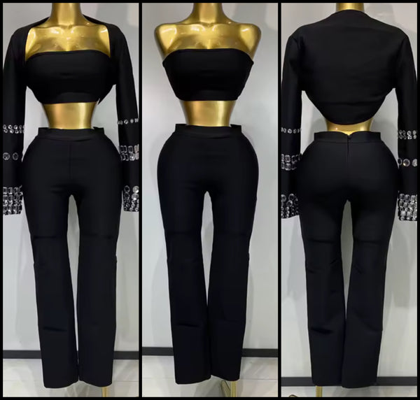 Women Black Crystal Patchwork Three Piece Pant Set
