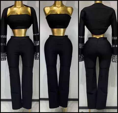 Women Black Crystal Patchwork Three Piece Pant Set