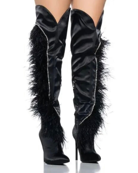 Women Black Fashion Bling Faux Fur Patchwork Knee High Boots