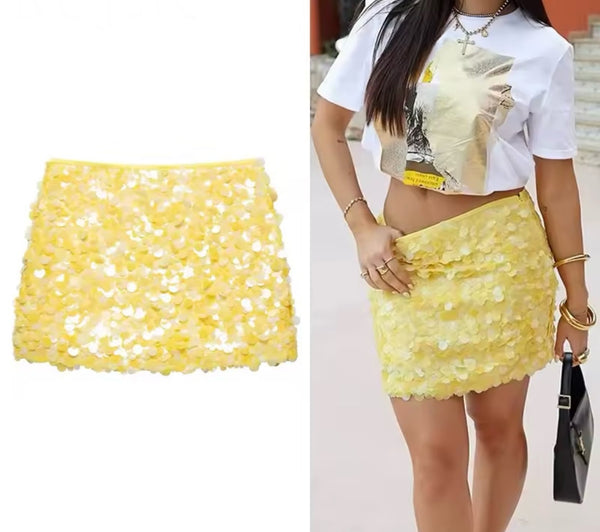 Women Sexy Fashion Yellow Sequins Skirt